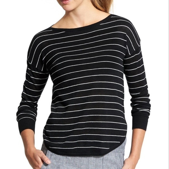 Athleta Mix It Up black open weave sweater white stripe Woman’s Size XS - Picture 1 of 12